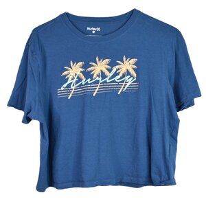 Hurley Shirt XL Womens Blue Graphic Print Crop Top Crew Neck Short Sleeve Cotton